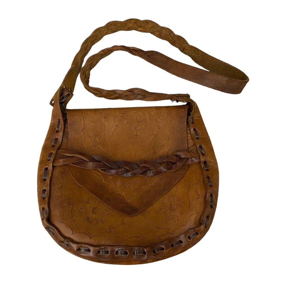 Vintage Brown Leather Tooled Embossed Shoulder Bag